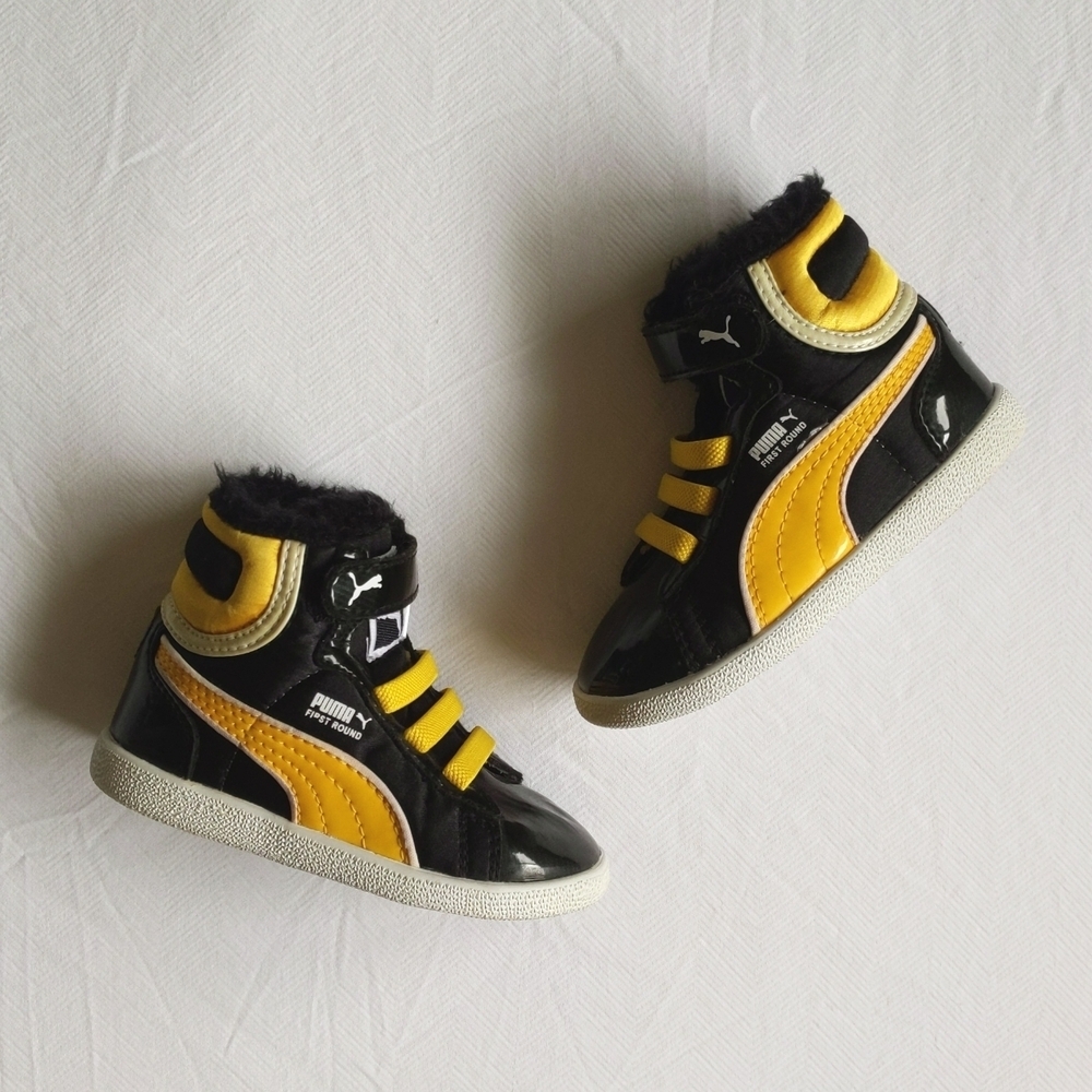 puma first round high top patent sneakers yellow black toddler size 6